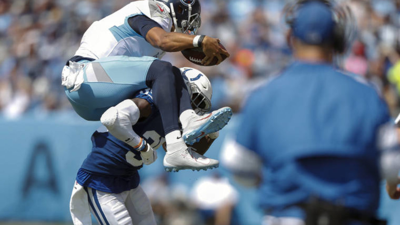 Tennessee Titans quarterback Marcus Mariota (8) looks over the defense of  the Indianapolis Colts during an NFL football game, Sunday, Sept. 15, 2019,  in Nashville, Tenn. The Colts won the game 19-17. (